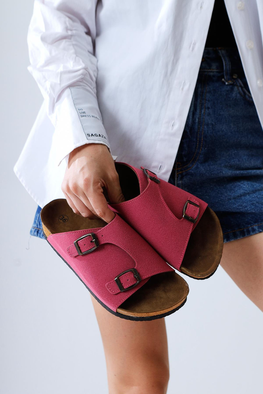 Christella Fuchsia Wildleder Doppel-Schnallen-Detail Damen Pantoletten