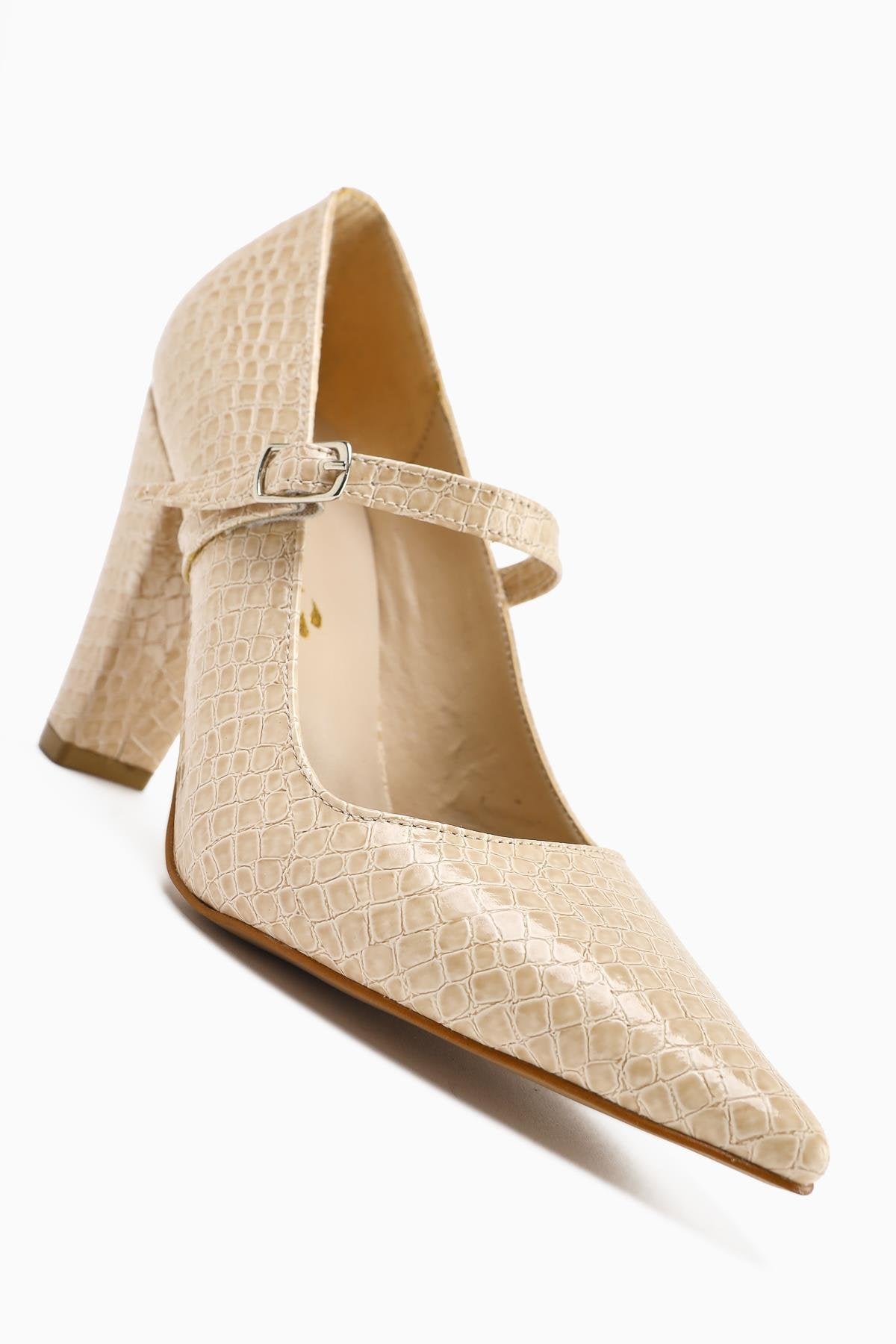 Beate – Beige Croc-Embossed Leather-Look Print Pointed-Toe Heeled Shoe (Women)