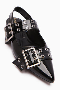 Davin Black Patent Leather Belted Pointed Toe Women's Sandals