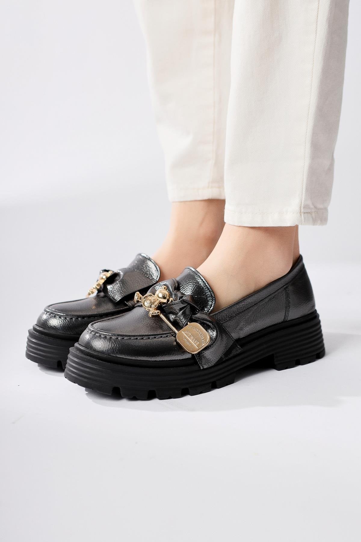 Emylie Platinum Bow Detail Buckled Oxford Shoes