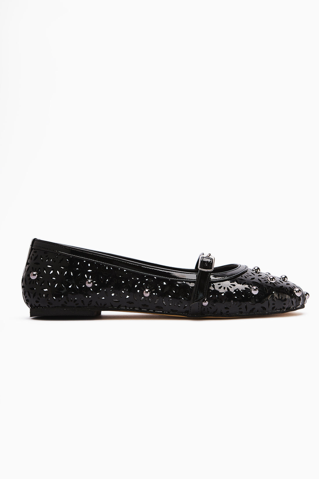 Jara Black Patent Leather Ethnic Patterned Perforated Women's Ballerina Shoes