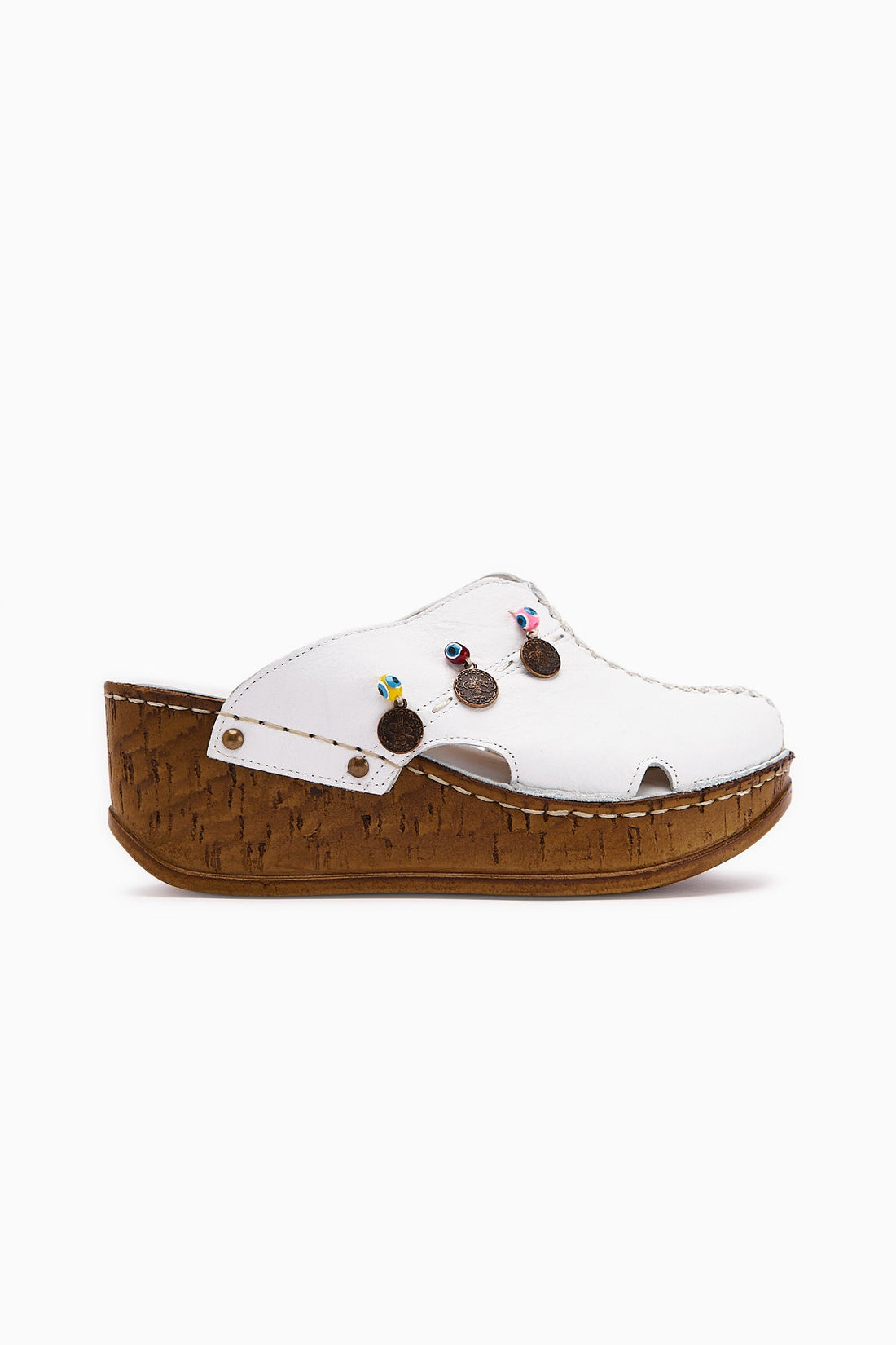 Annika Genuine Leather White Antique Detailed Wedge Mule Slippers