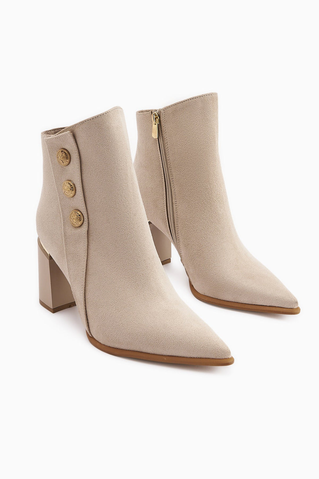 Mayvi Beige Suede Buckle Detailed Heeled Women's Boot