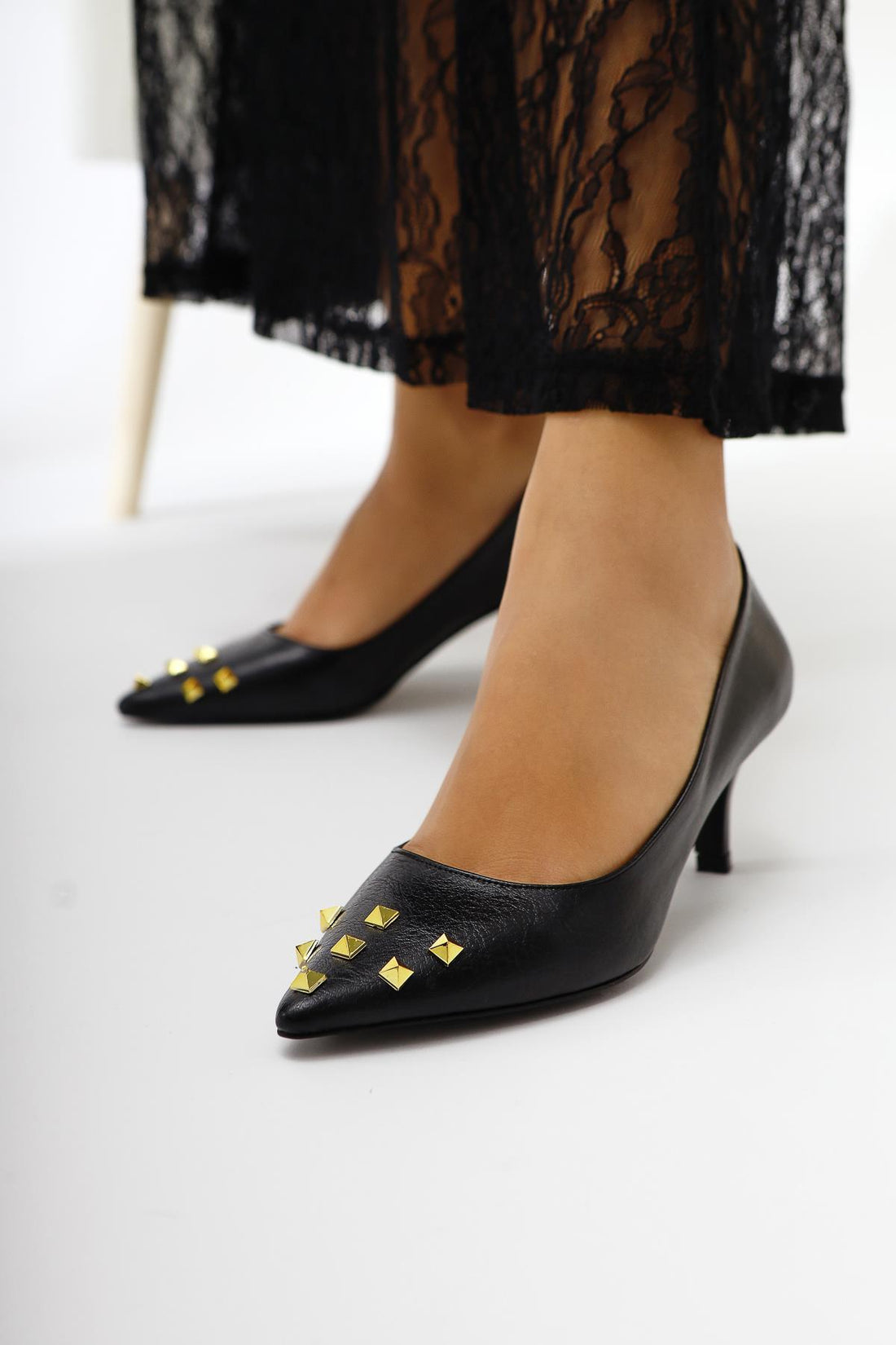 Anni Black Creased Patent Leather Pyramidal Studded Heeled Women's Shoes