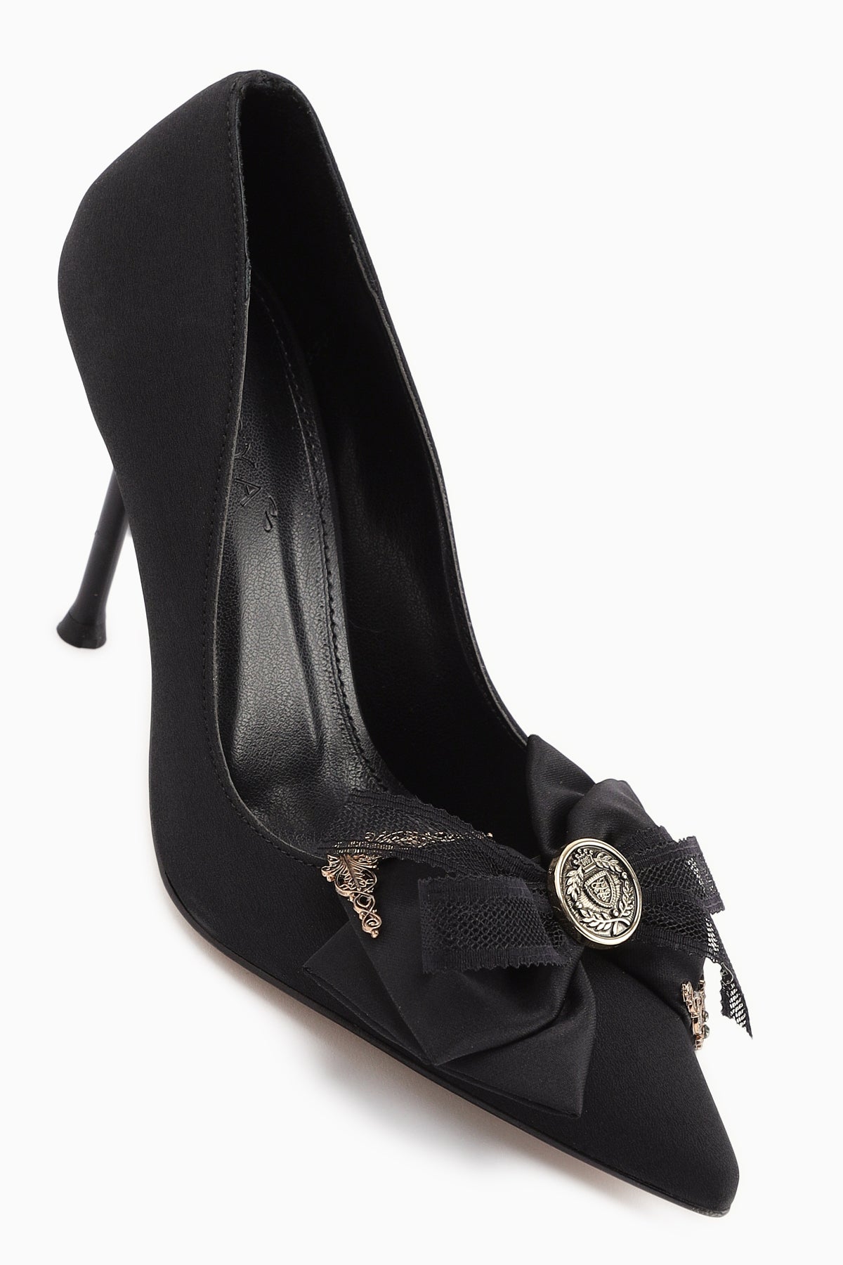 Tina – Black Satin Buckle-Detail Stiletto Heeled Shoe (Women)