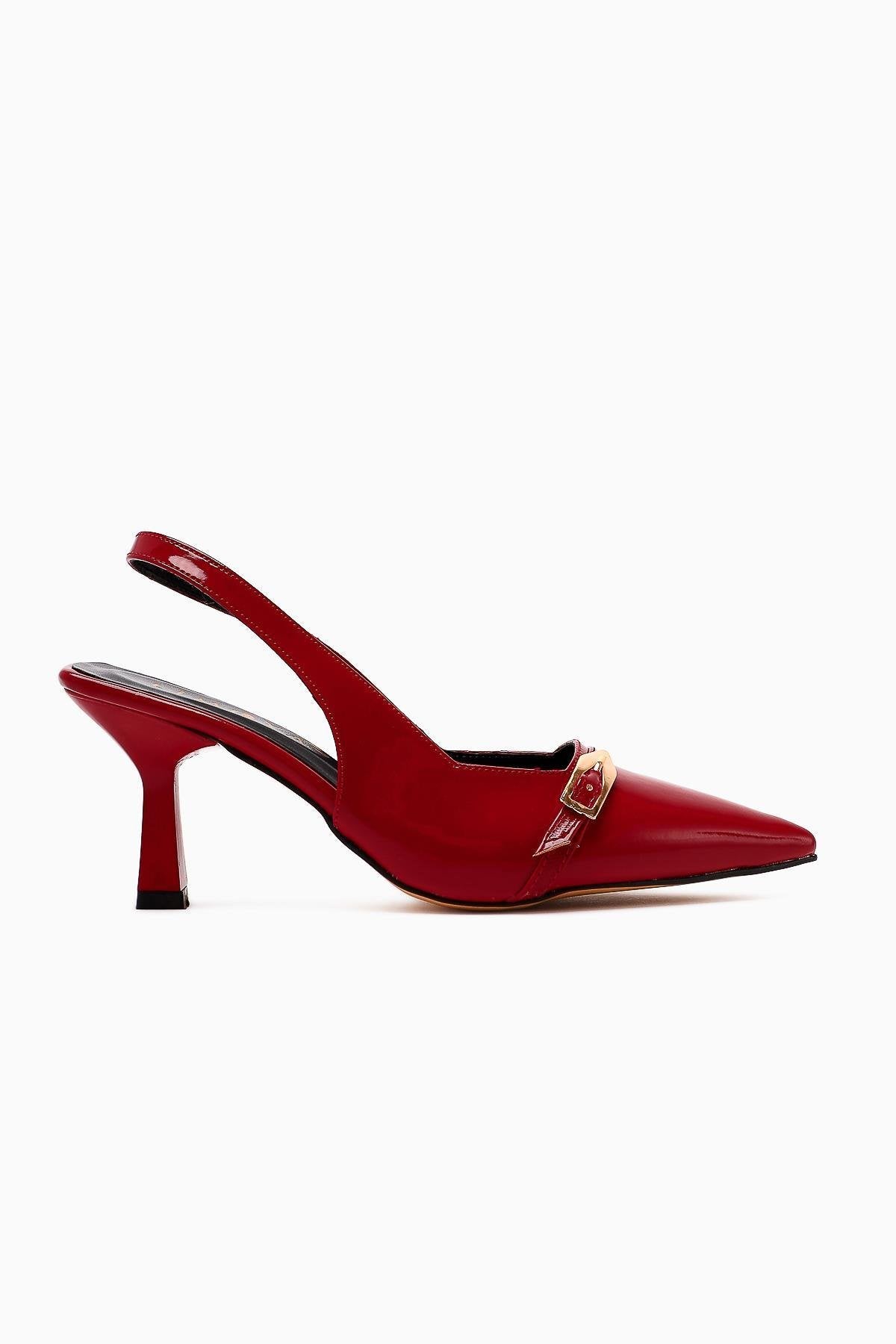 Camillas Red Patent Leather Pointed Toe Buckle Detailed Women's High Heel Shoes