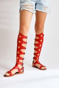 Echtes Leder Rote Gladiator Sandale Damen Sandale