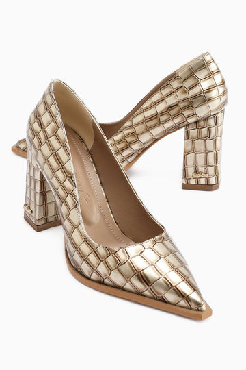 Lucy Cream Croco Thick Heeled Women's Stiletto