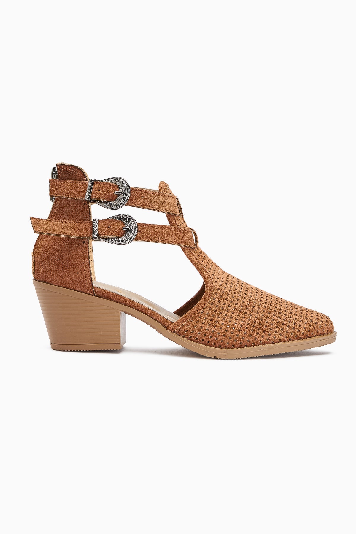 Carin – Cognac Suede Vegan Material Buckle-Detail Back-Zip Summer Boot (Women)