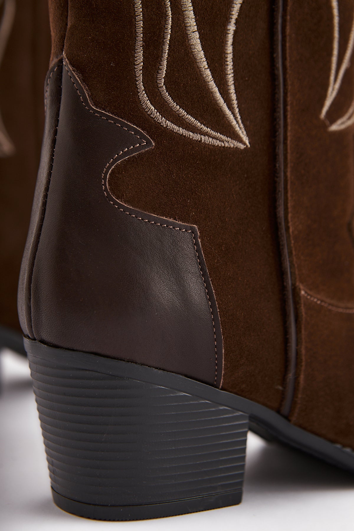 Lara Genuine Brown Suede Embroidered Leather Detailed Heeled Western Boots