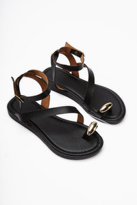 Anisa Schwarze Kreuzriemen-Schnallen Zehentrenner Damen Sandalen