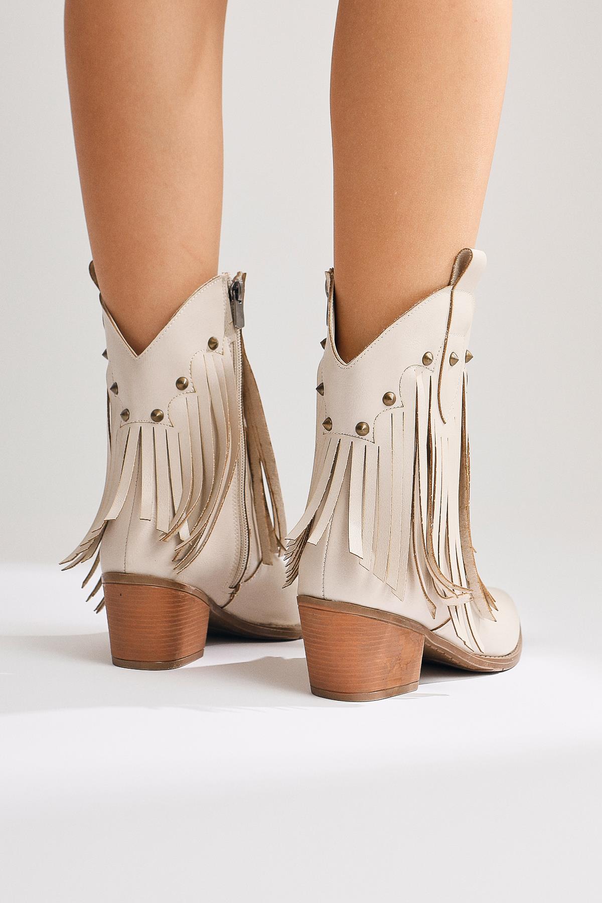 Lillebeth Beige Tassel Stud Detail Western Boots
