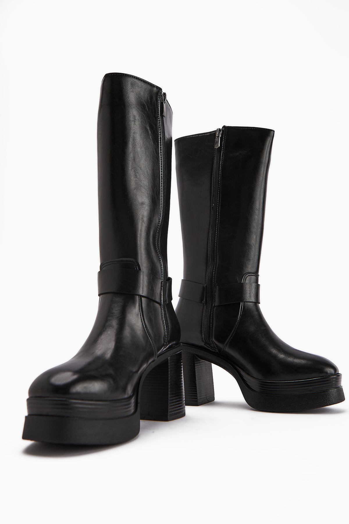 Beris Black Buckle Detail Platform High Heel Women's Boot