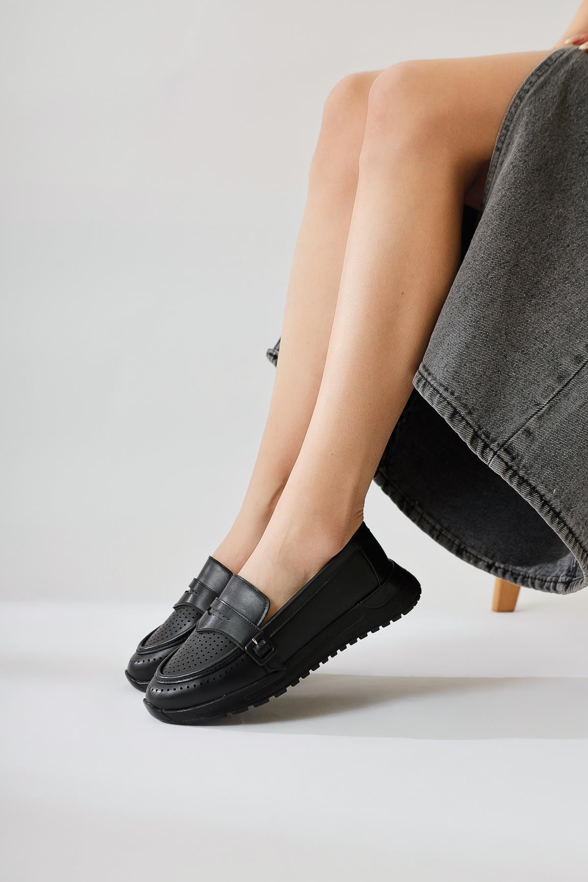 Zain Black Laser Perforated Buckle Detailed Ballerinas