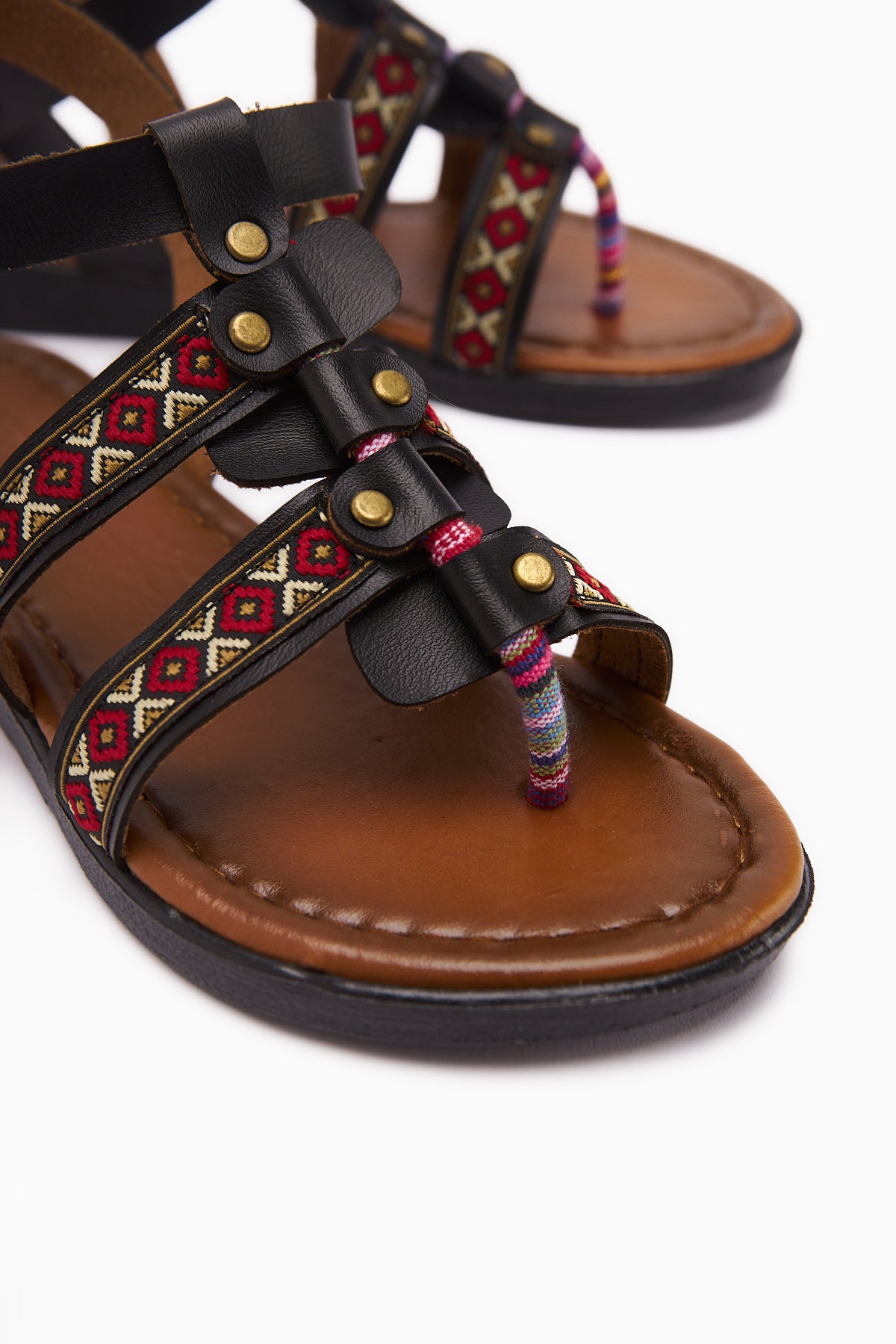 Echtes Leder Gabrielle Schwarz Verstellbare Etnische Muster Flach Damen Sandale