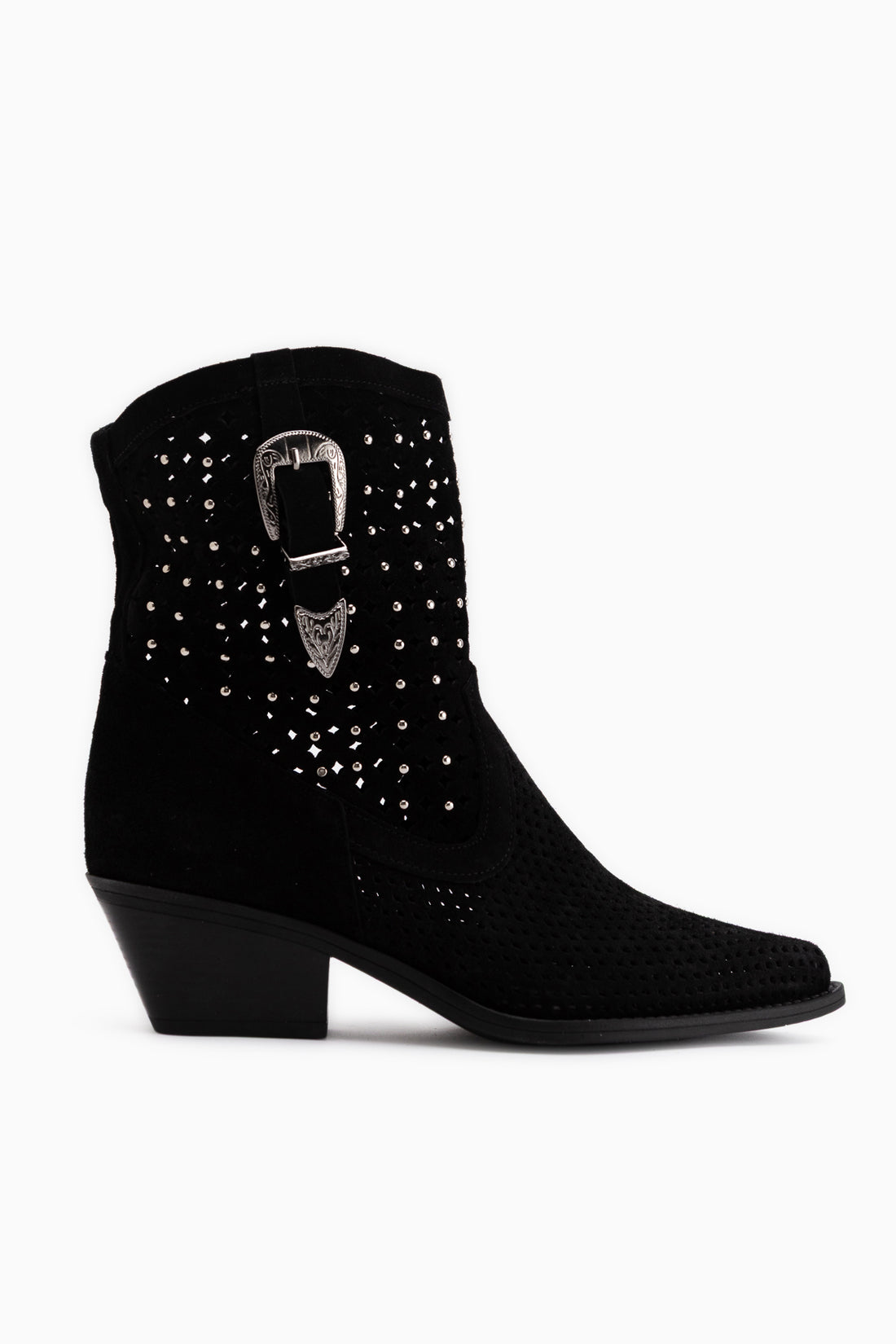 Alesia Echtes Leder Schwarz Wildleder Gürtel Detail Damen Stiefel