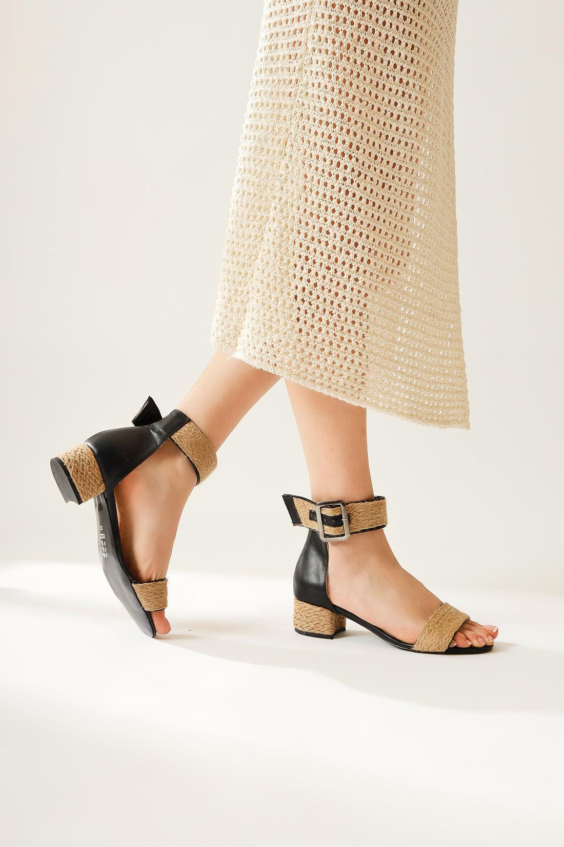 Ariola Black Thick Straw Strappy Sandals