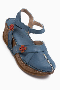 Echtes Leder Katlyn Navy Blumen Detail Damen Geschlossene Zehen Wedge Sandale