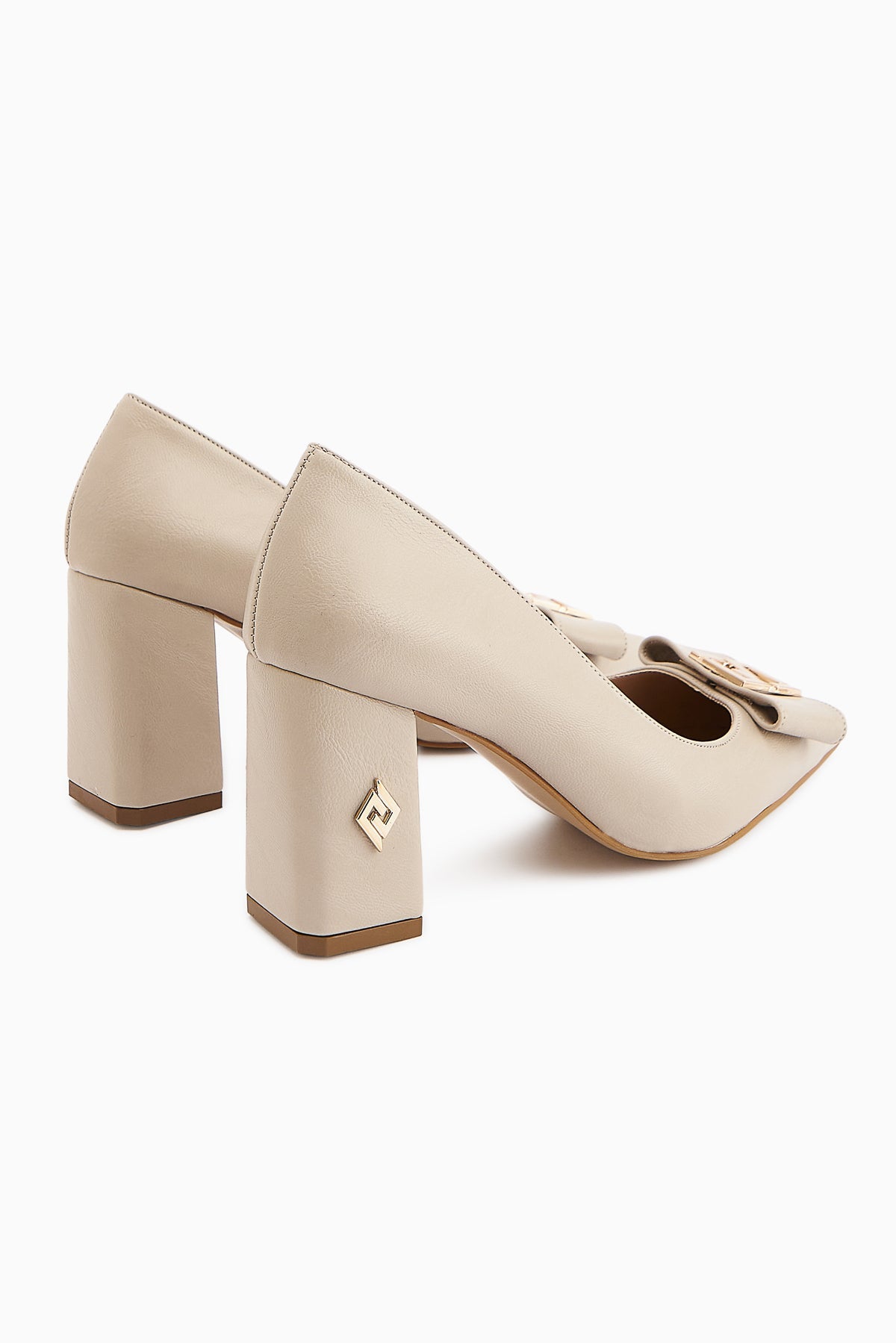 Melly Women's Beige Buckled Chunky Heel Shoe