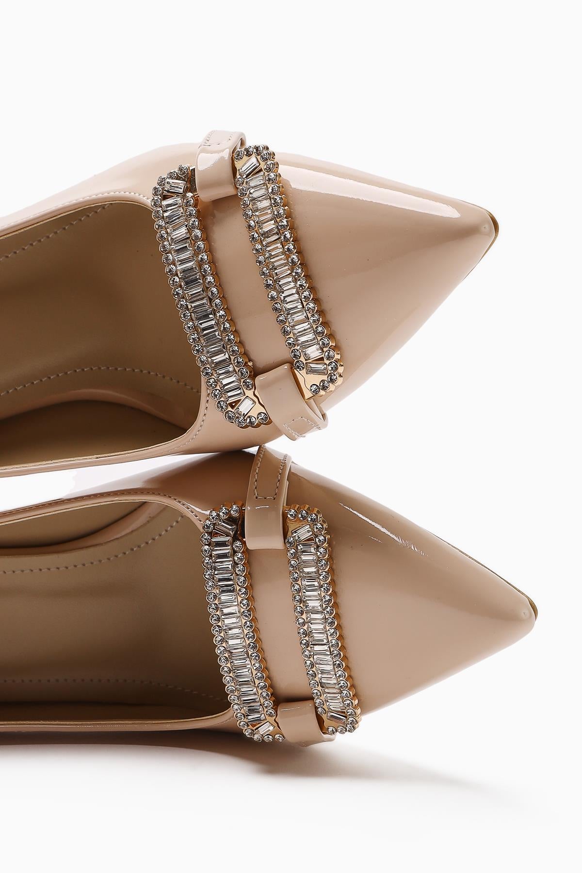 Ania Beige Patent Leather Pointed Toe Stone Buckle Detailed Heeled Women's Shoes