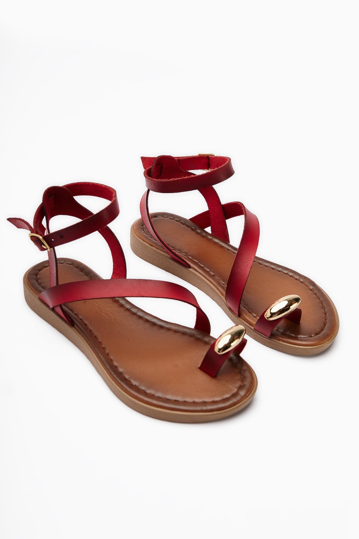 Anisa Rote Kreuz-Riemen Geschnallte Damen Zehentrenner Sandalen
