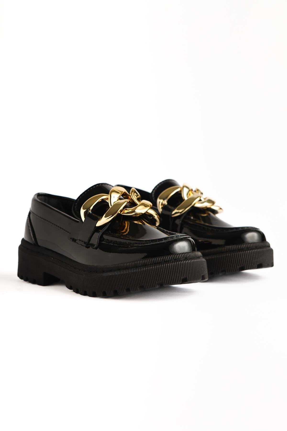 Janine – Schwarz Lack Loafer mit Schnallen-Detail (Kinder)