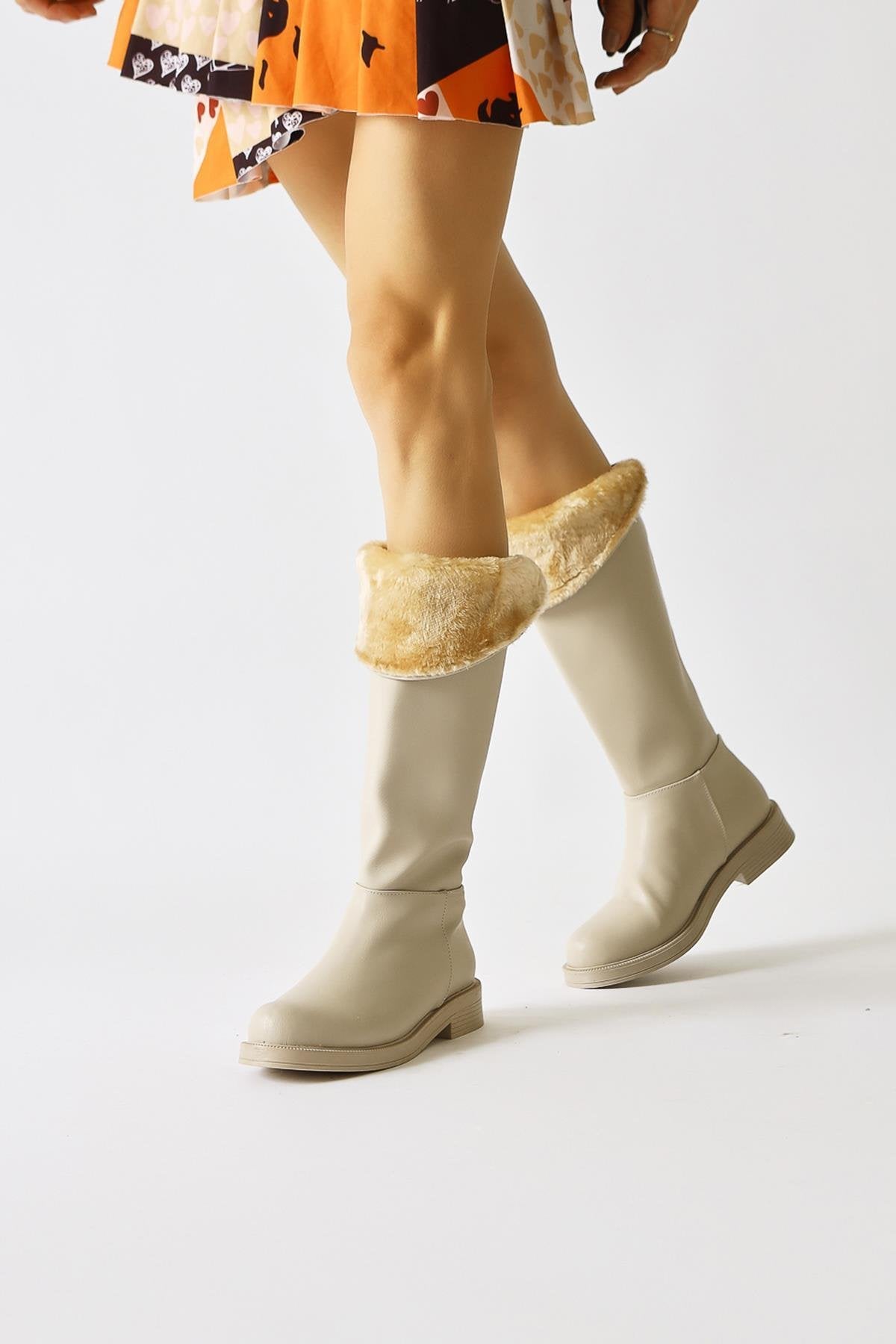 Gigi Beige Fur Lined Foldable Back Zipper Boots