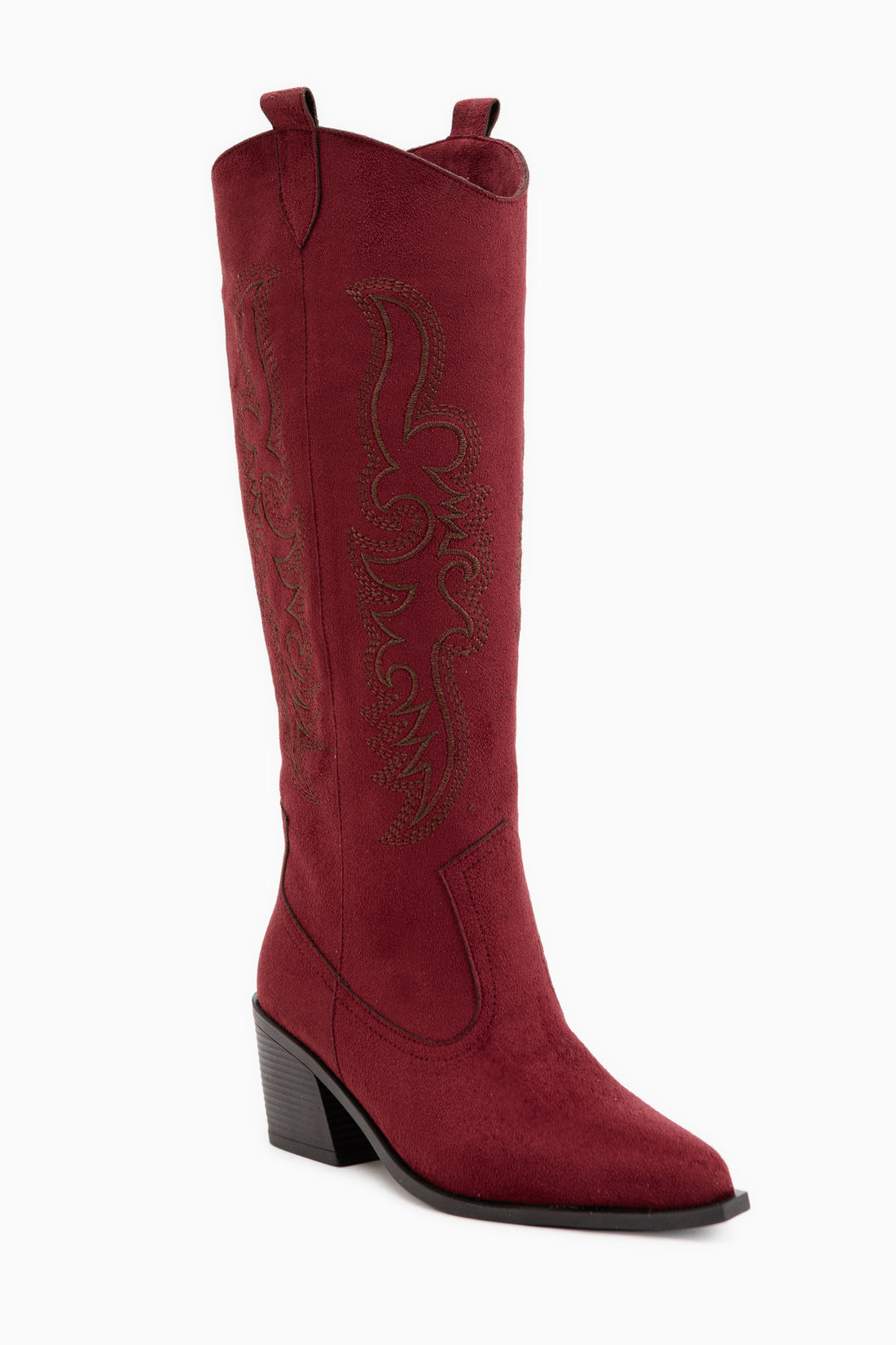 Ronnie Bordeaux Wildleder Bestickte Detail Damen Lange Western Stiefel