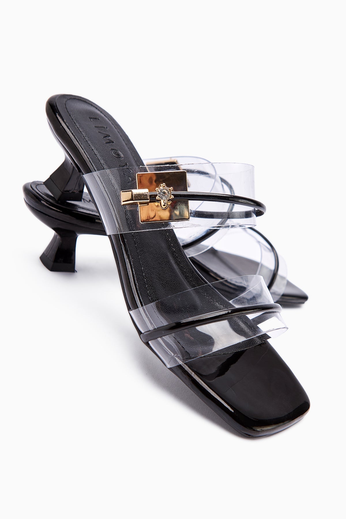 Silvi Schwarze Lackleder Schnallen Niedrig-Absatz Damen Slipper