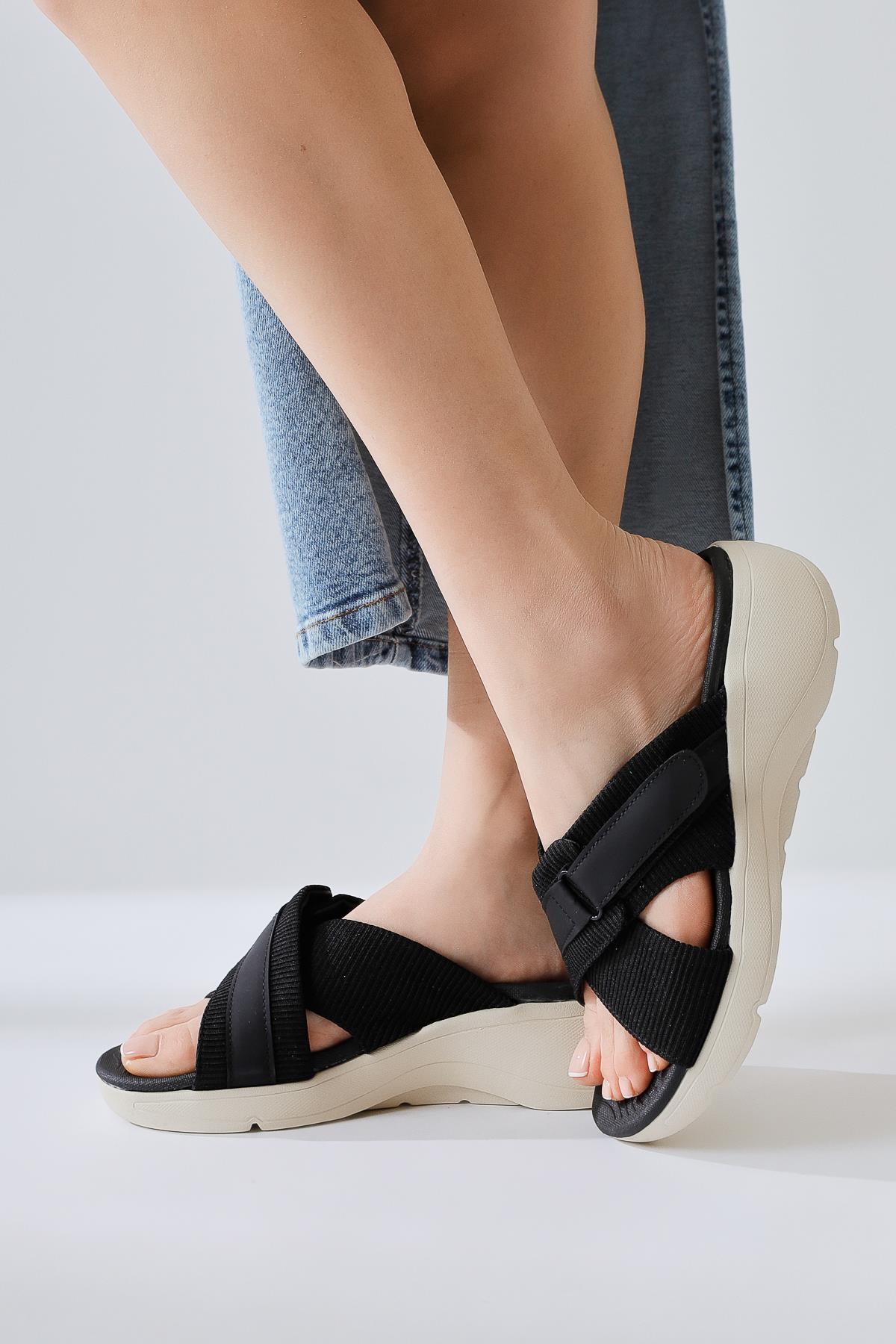 Jola Black Cross Textile Band Comfortable Sole Slippers