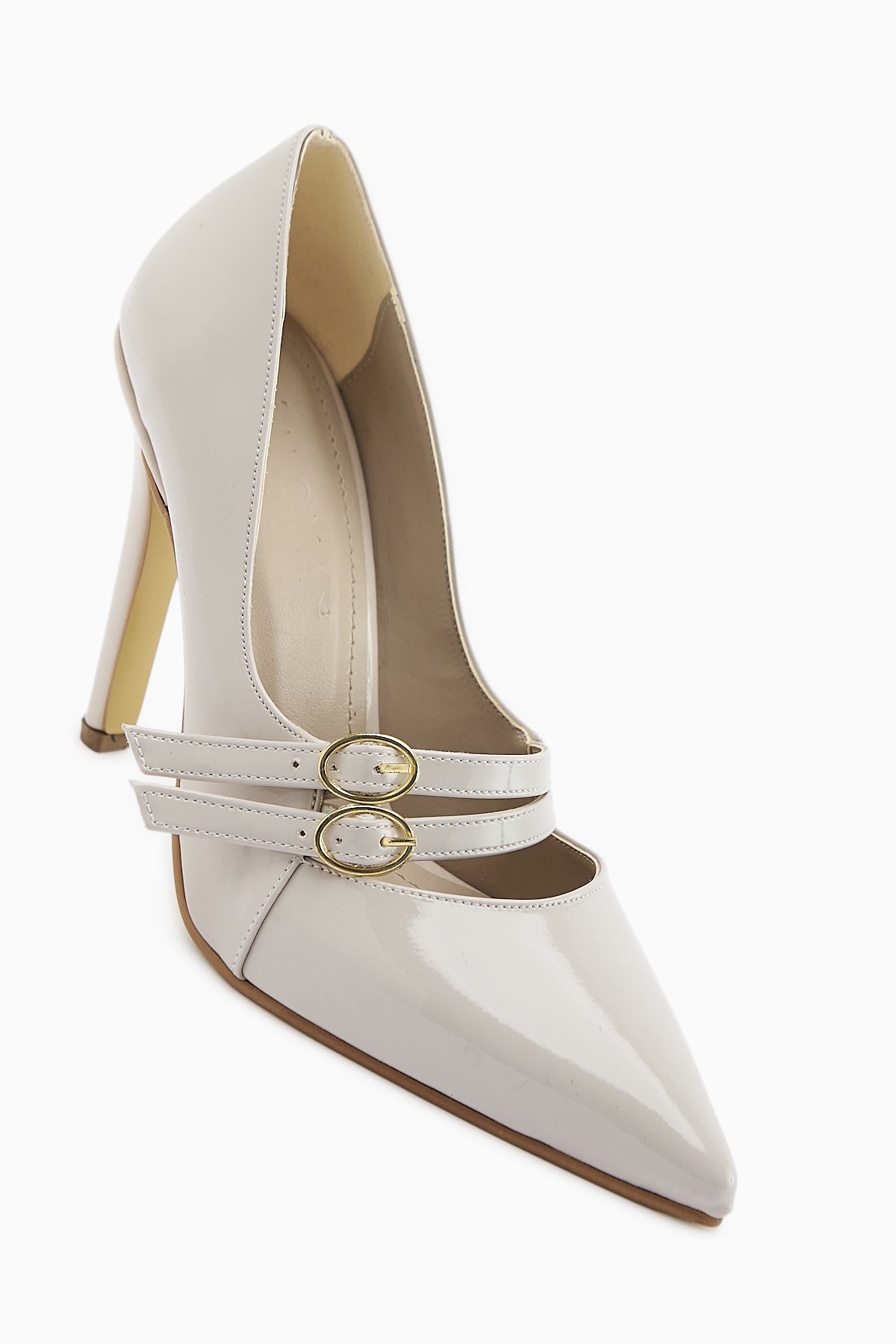 Blanka Beige Patent Leather Double Buckle Stiletto Women's Heeled Shoe