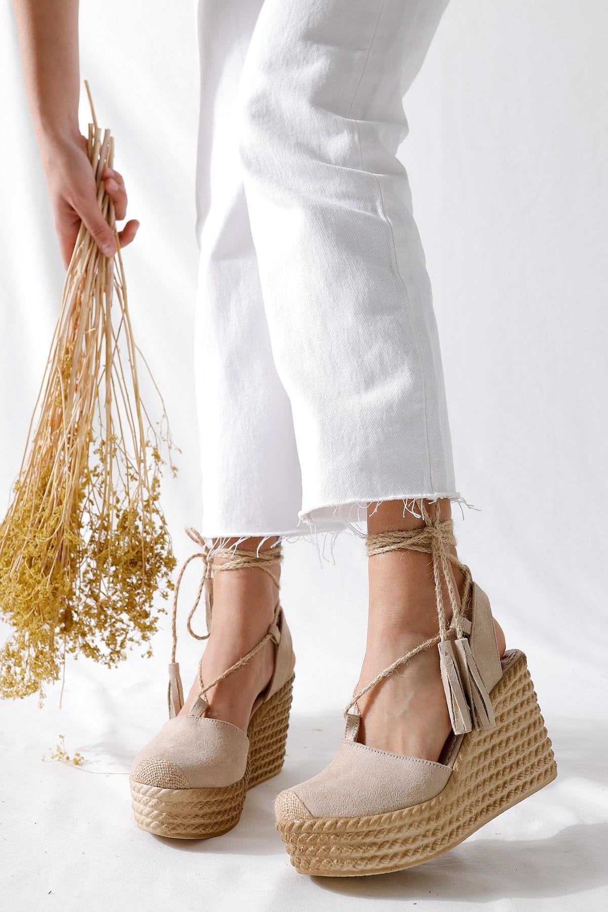 Bella Ten Suede Wedge-Soled Straw Ankle-Strap Sandals