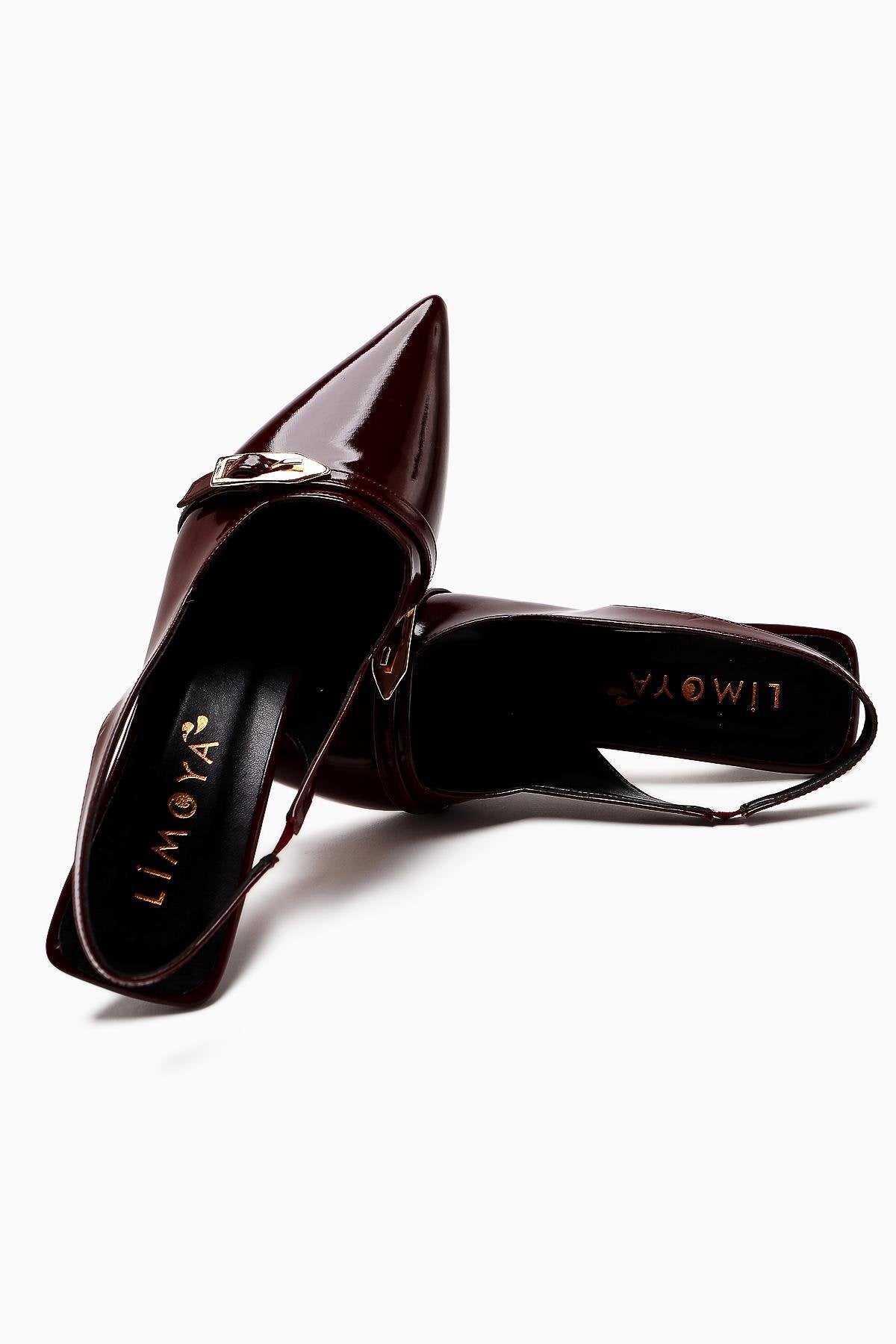 Camillas Burgundy Patent Leather Pointed Toe Buckle Detailed Women's High Heel Shoes