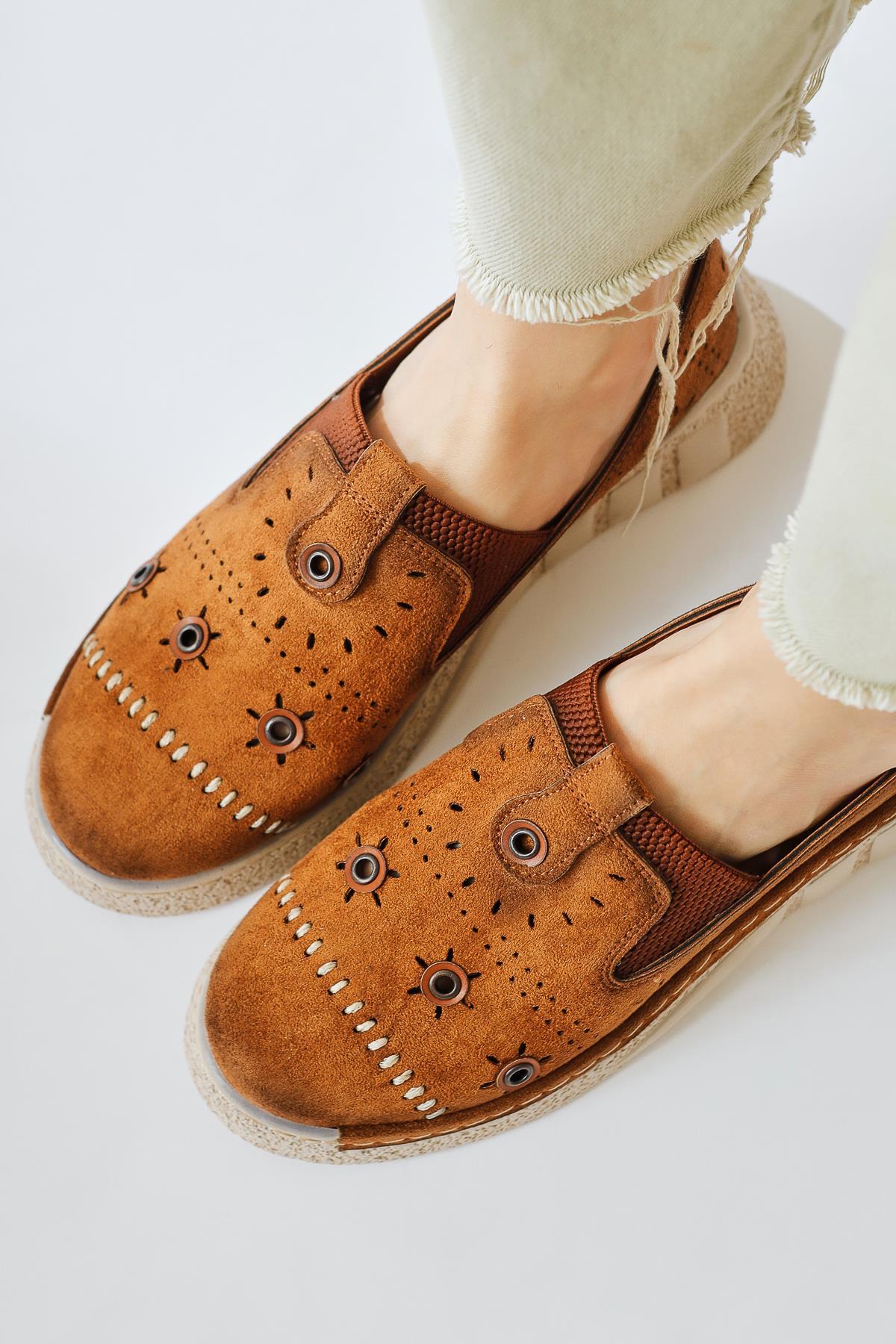 Bethina Tan Suede Rivet Detailed Laser Perforated Ballerinas