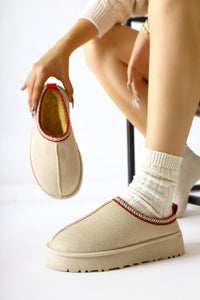 Anne-Liis Beige Suede Woven Detailed Winter Slippers