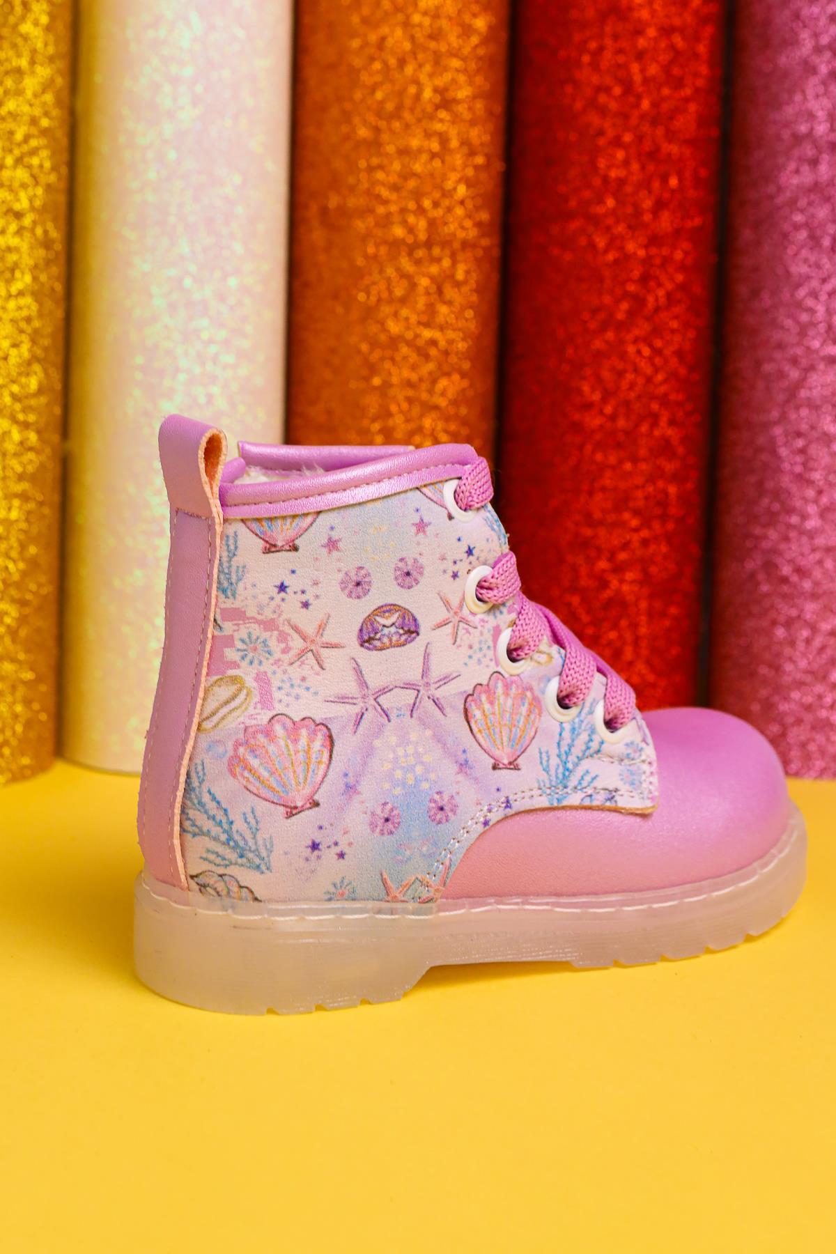 Gifty Lila Meeresleben Druck Leuchtende Schnür-Baby-Stiefel