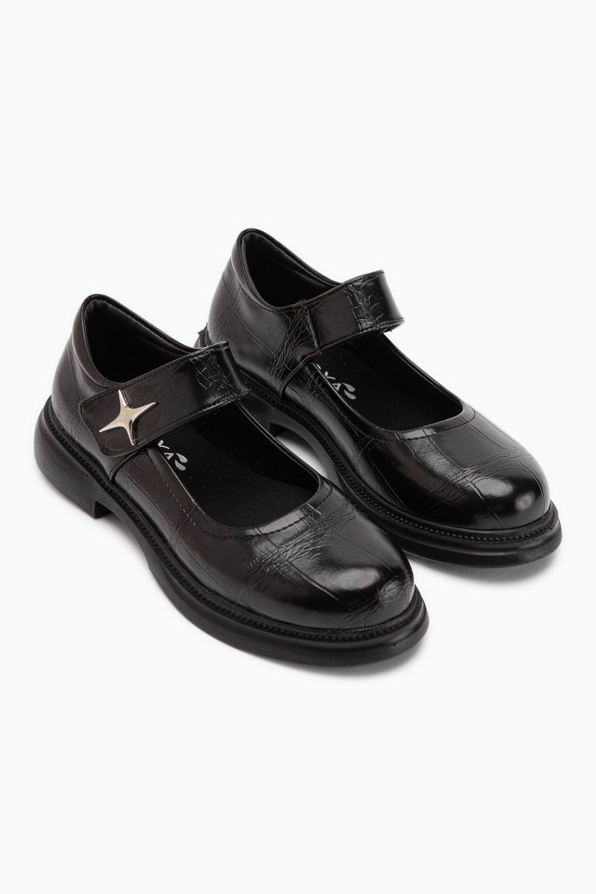 Rozalin Schwarze Krokodilriemen Dicke Sohle Damen Mary Jane Ballerinas