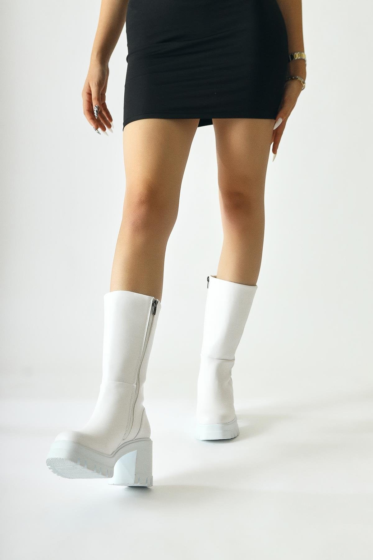 Chelsie White High Heel Platform Short Boots
