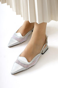 Thamara Silber Lackleder Spitz zulaufende Kurze Absatz Damen Schuhe