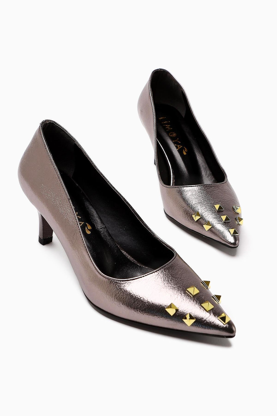 Anni Platinum Shiny Wrinkled Patent Leather Pyramidal Studded Heeled Women's Shoes