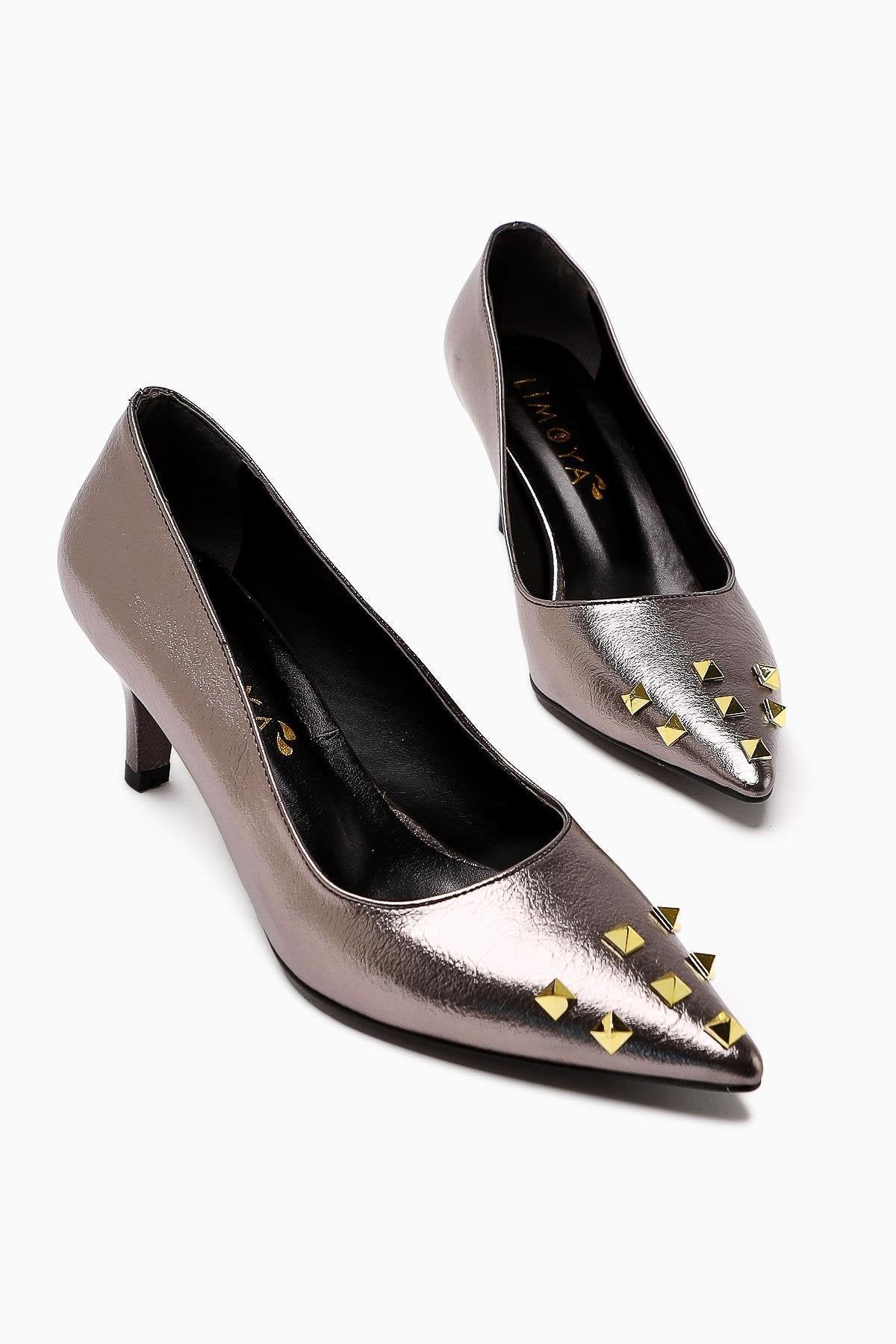 Anni Platinum Shiny Wrinkled Patent Leather Pyramidal Studded Heeled Women's Shoes