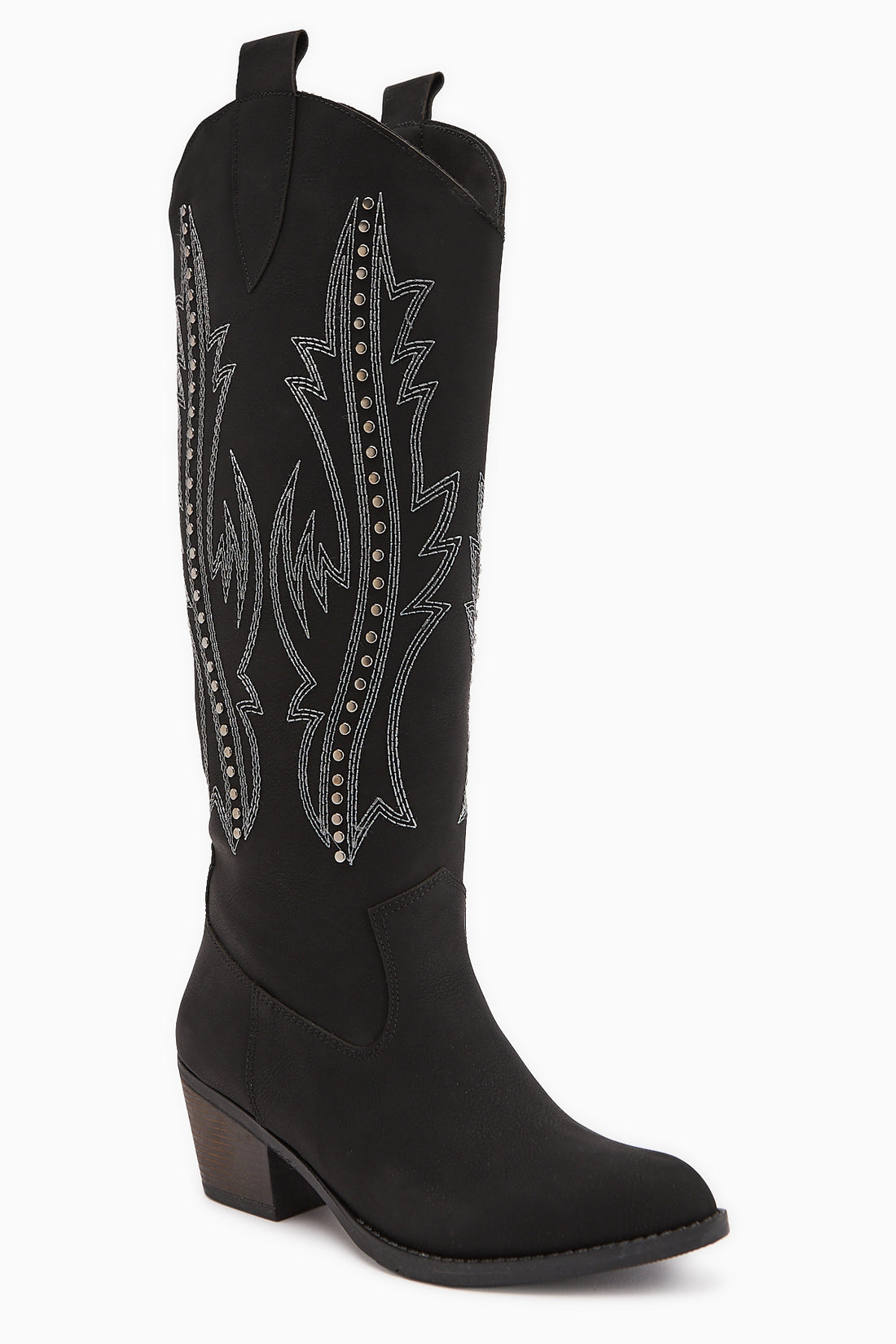 Fizaro Schwarze Spitzzehen Bestickte Nieten Western Stiefel