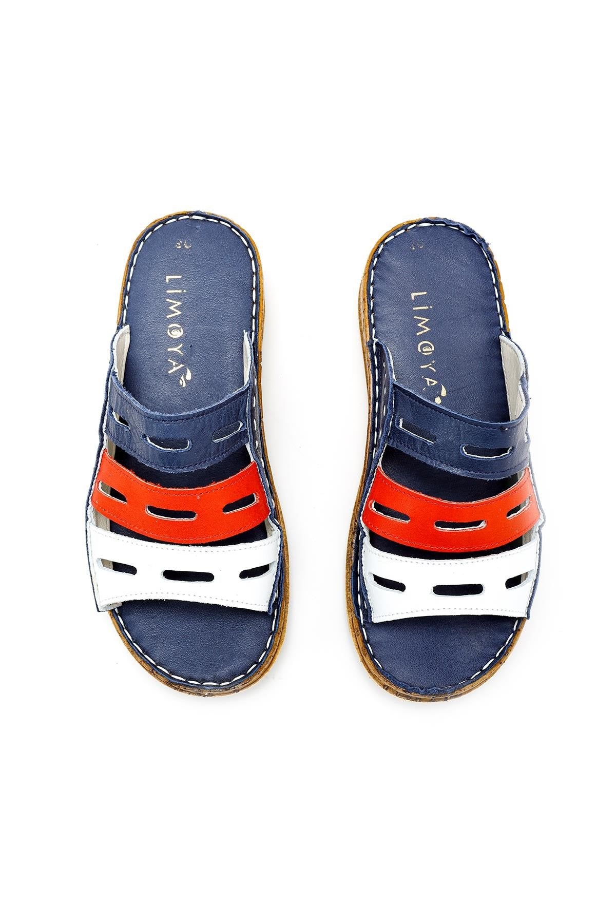 Joelle Echtes Leder Marine Rot Weiß Komfort Laser Cut Slipper