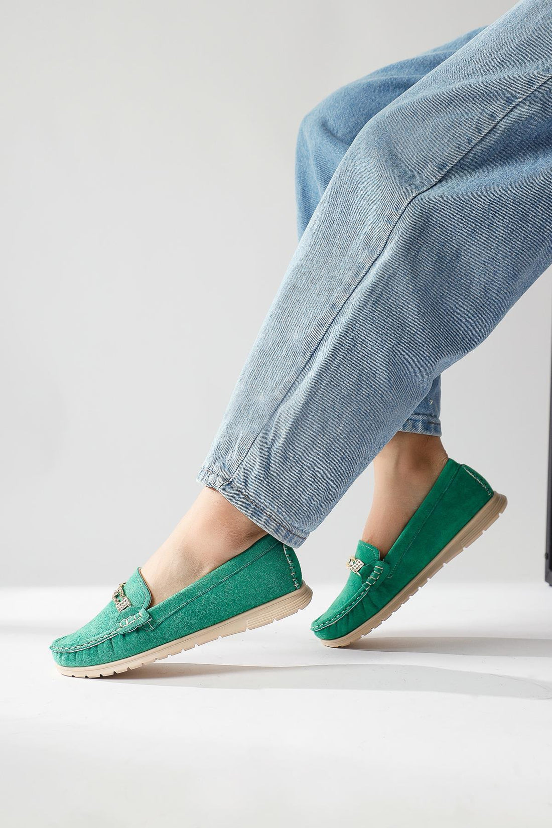 Turi Grün Wildleder Schnallen Detail Damen Schuhe