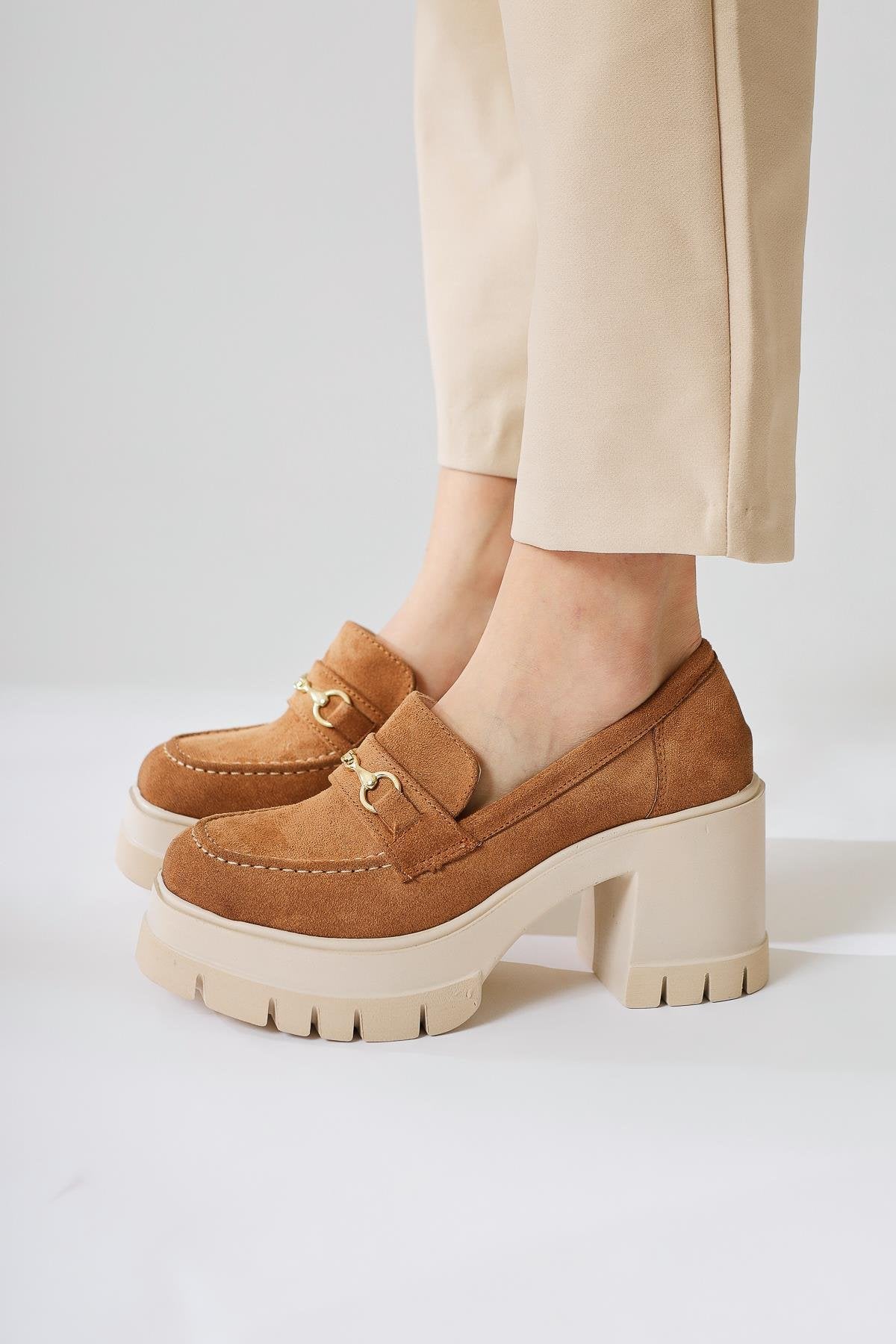 Manija Tan Suede Buckle Detail Platform Loafers