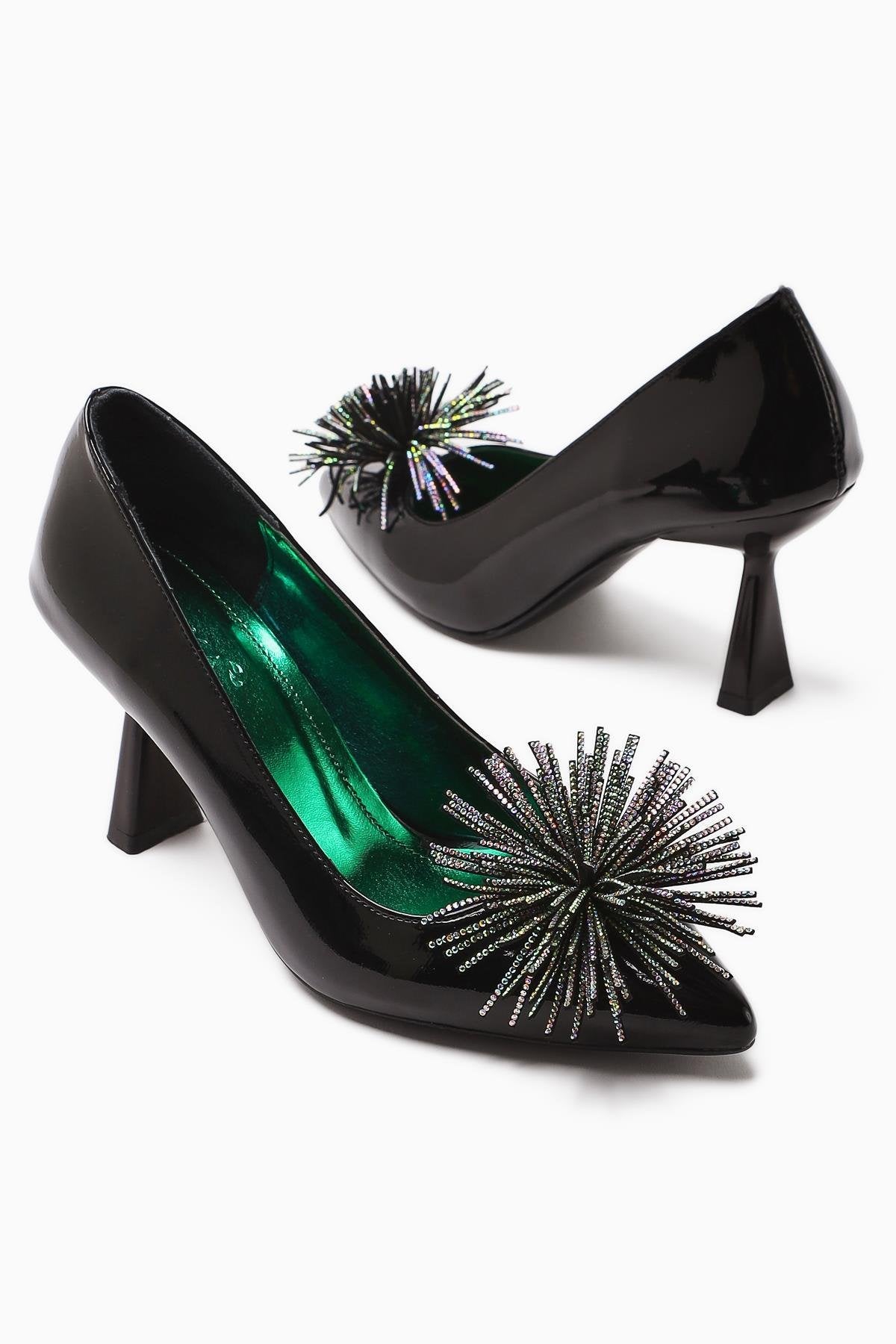 Choi Black Patent Leather Pointed Toe Stone Tassel Detailed Heeled Women's Shoes