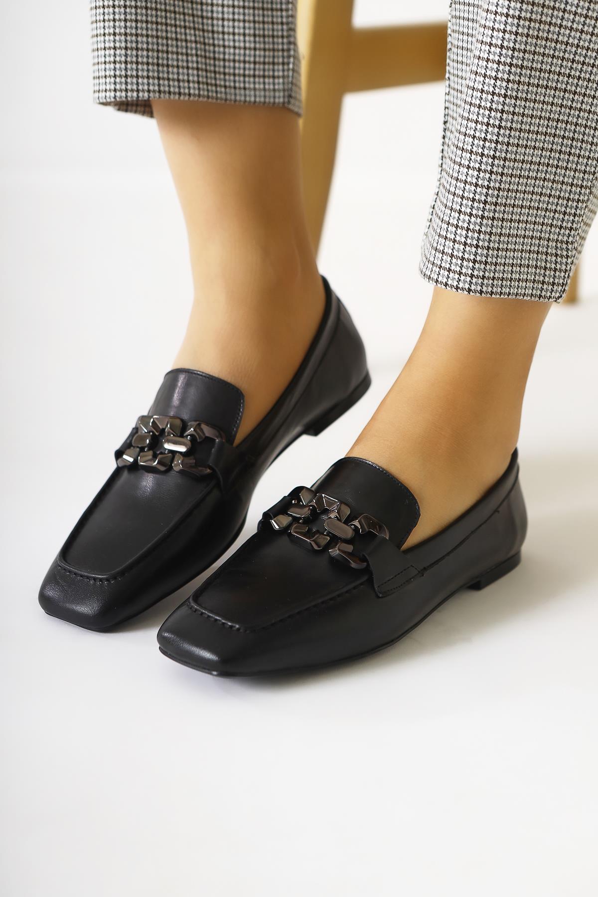 Asmin Echtes Leder Schwarze Schnalle Detaillierte Quadratische Zehe Tägliche Damenschuhe