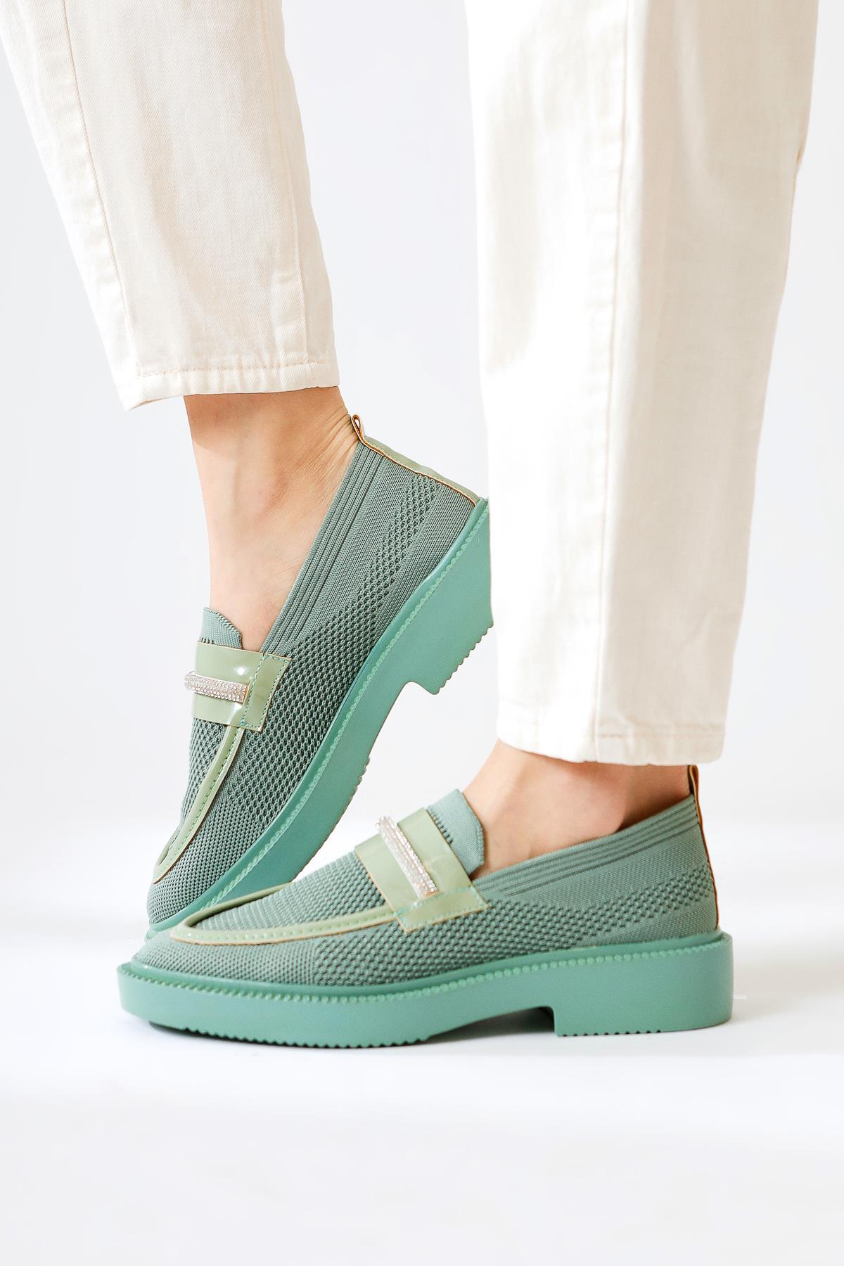 Micka Green Knit Patent Leather Detailed Stone Banded Casual Shoes