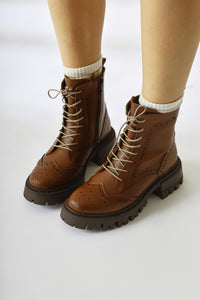 Morgan – Cognac Laser-Cut Detail Lace-Up Combat Boot (Women)