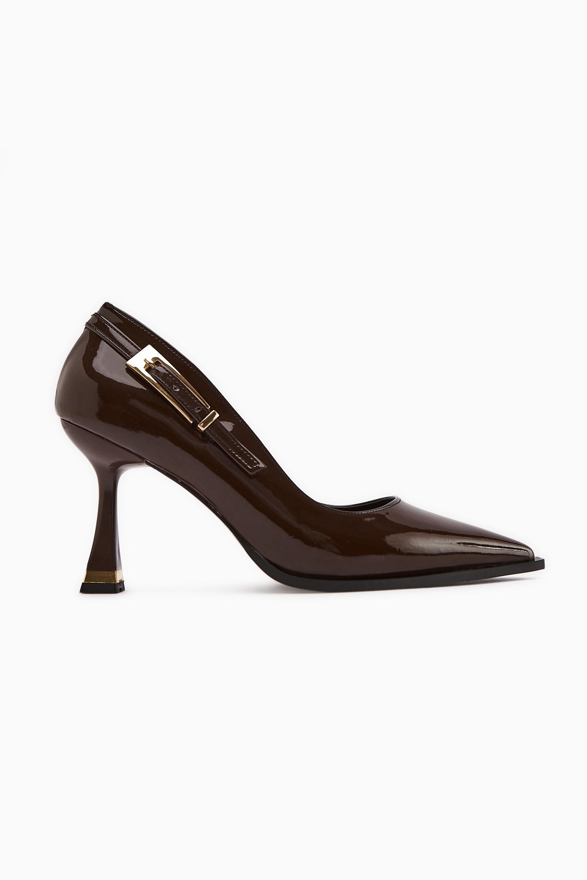 Mithra Coffee Patent Leather Pointed Toe Buckle Detailed Heeled Shoe